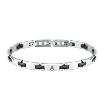 Ανδρικό βραχιόλι Maserati JM424ATZ49 από ανοξείδωτο ατσάλι και κεραμικό, με ασημί-μαύρο χρώμα και χρυσή τρίαινα.